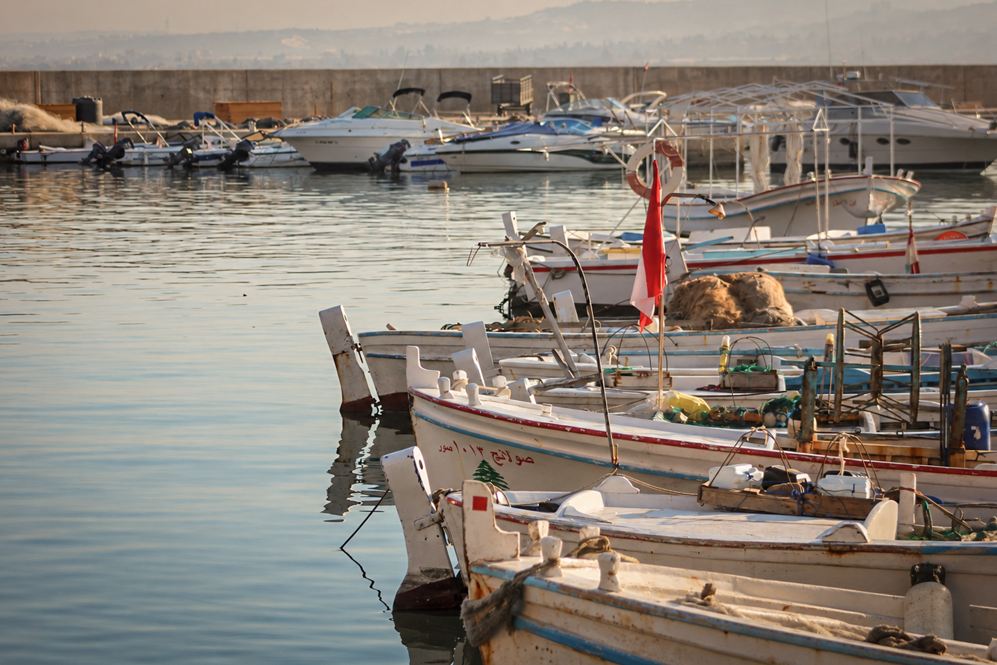 Barques de pêche en bois amarrées au port de Tyr dans la lumière du matin